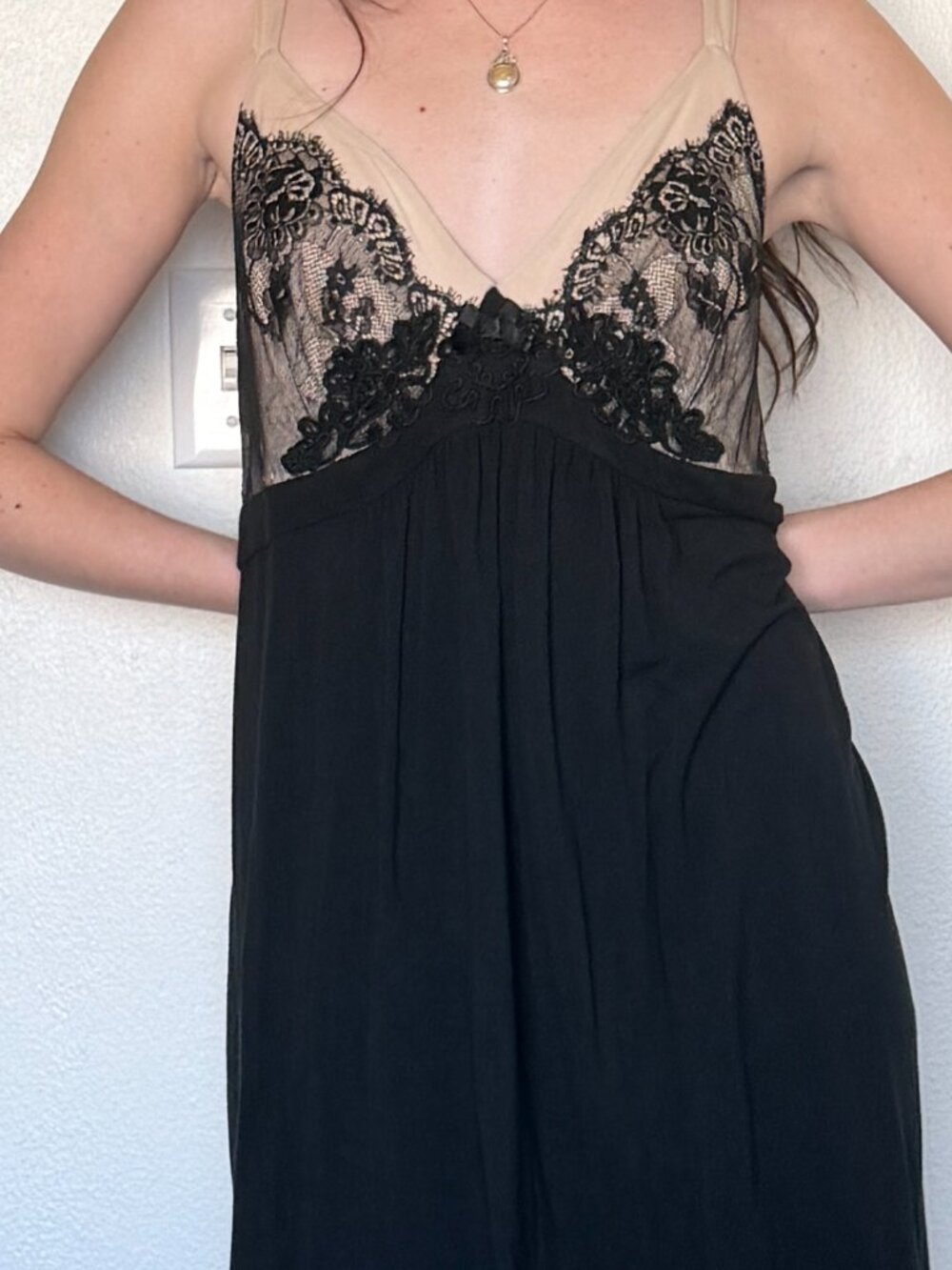 Y2K Mini Babydoll Dress (L) large black tan vintage lace sexy nightie glam goth - Picture 7 of 8